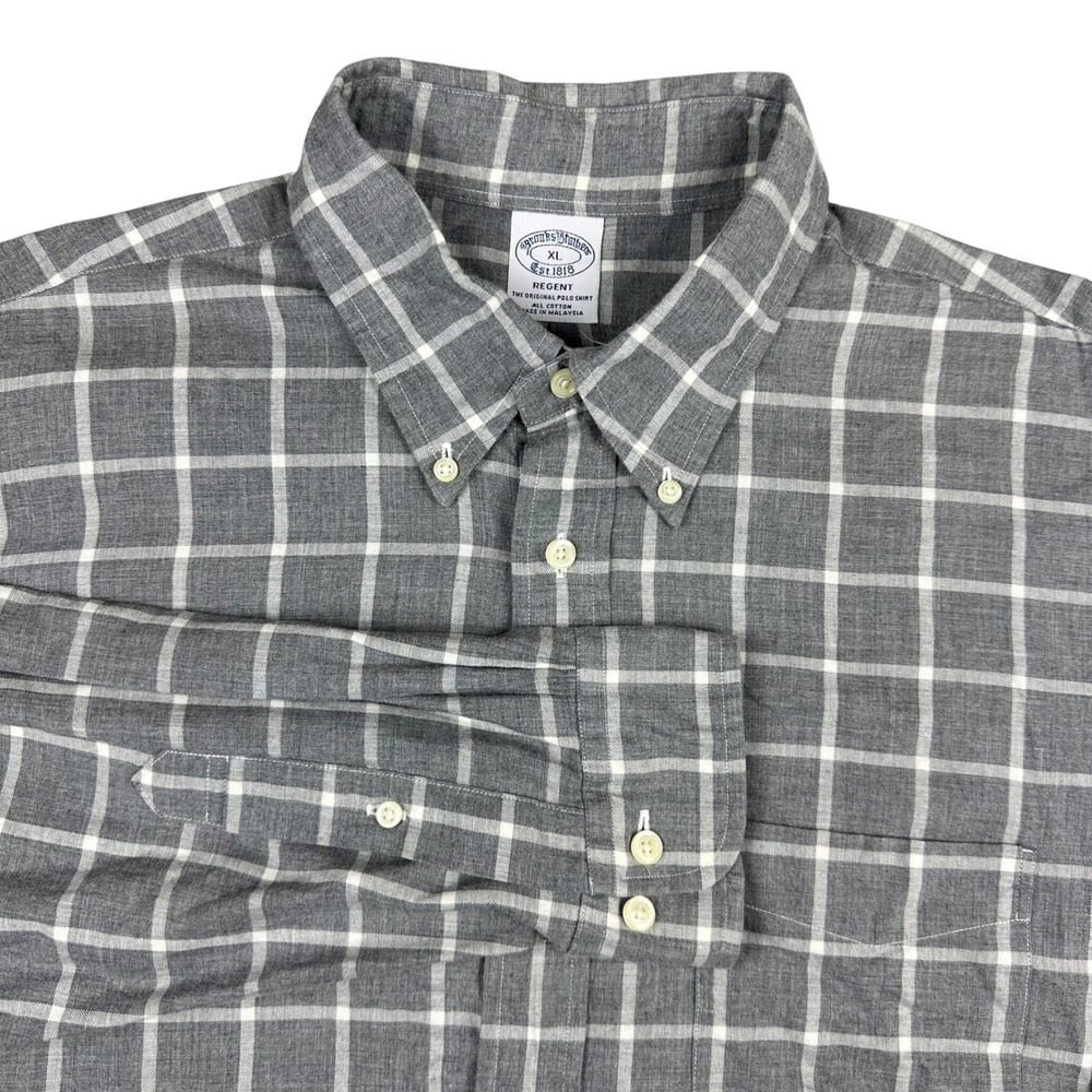 Brooks Brothers Regent Grey White Windowpane Plaid Cotton Button Down Shirt XL
